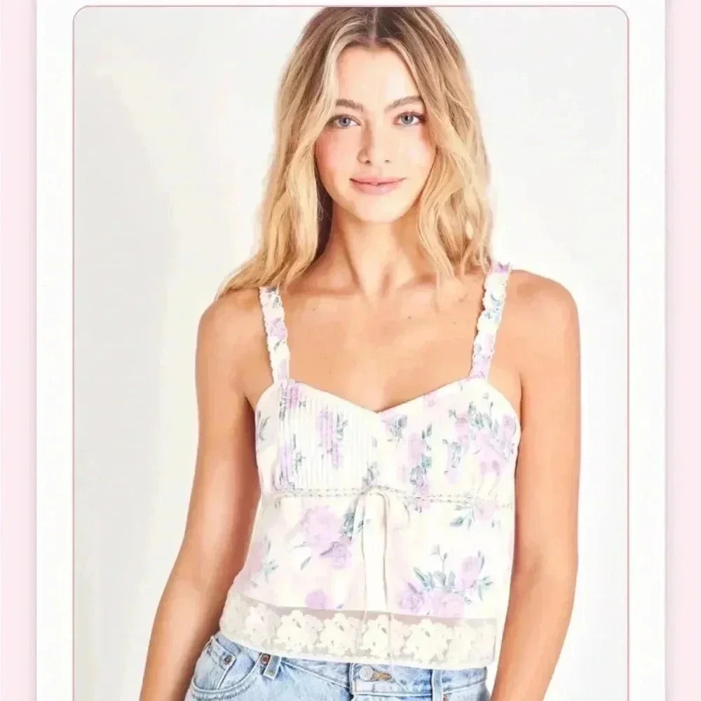 NWT Love Shack Fancy Lanzo Lace Trim Tank Top Mauve Rose L - Picture 2 of 8